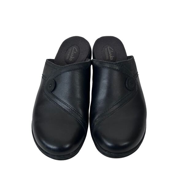 Clarks Bendables Black Leather Slip On Clogs Sz 6.5 - Picture 3 of 7